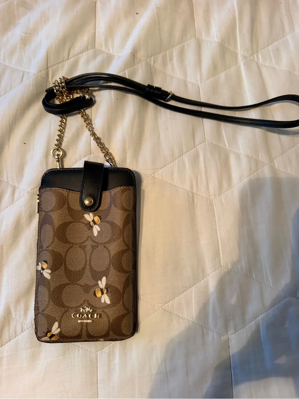 COACH Brown Signature Bee Print Crossbody Phone Pouch with Black Trim